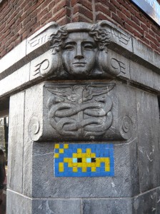 small tiled mural of a space invader