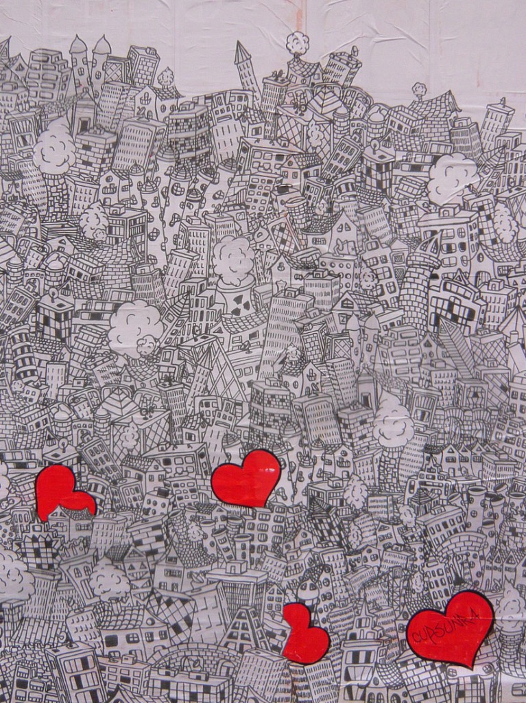 close-up detail of fly-poster showing dense, black and white illustration of buildings